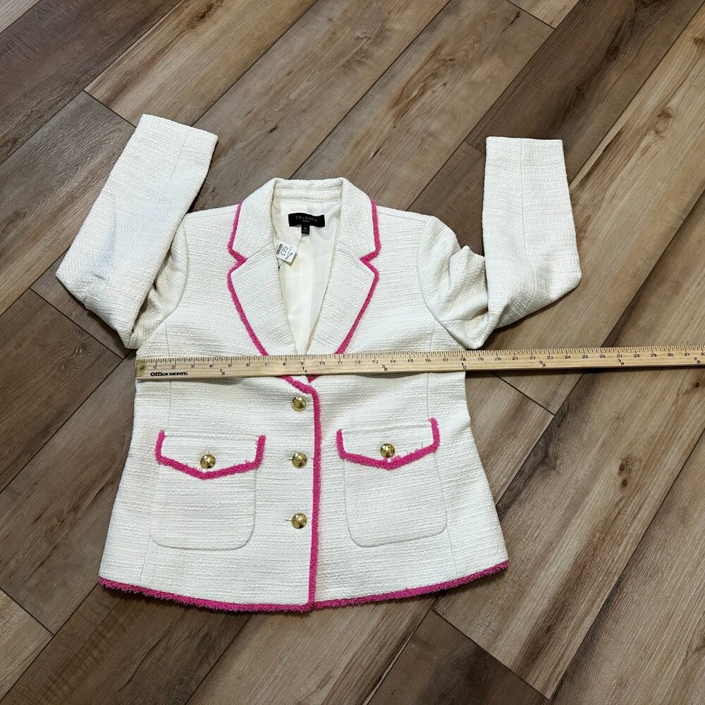 NWT - Talbots Tweed Fringe Jacket 6 Petite Cream Pink Trim Gold Buttons Blazer - Picture 9 of 14
